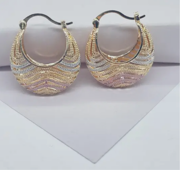 18k Gold Filled Tri-Color Wavy Basket Hoops