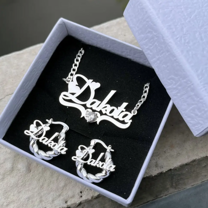 Custom Name Plate Necklace with Diamond & Mini Earrings Set