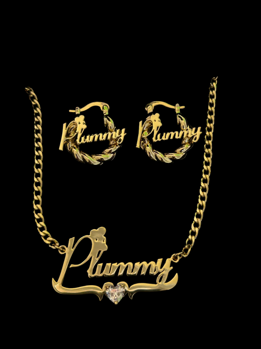 Custom Name Plate Necklace with Diamond & Mini Earrings Set