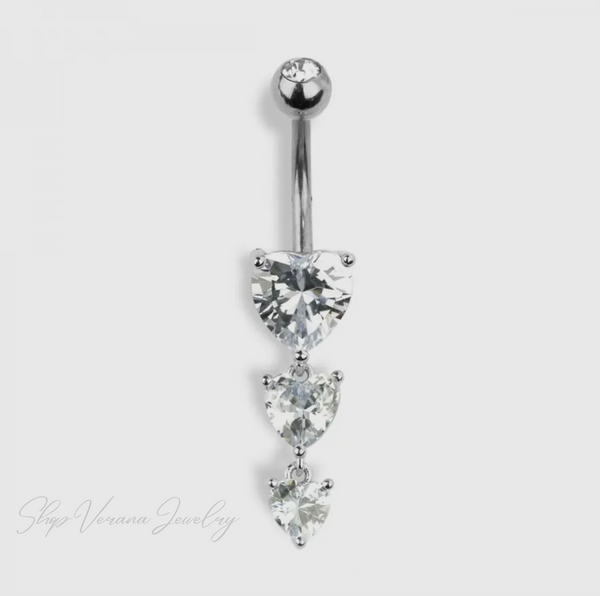 Silver Dangling Cz Heart Belly Ring