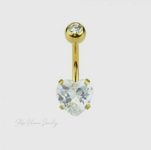 Gold Heart CZ Belly Ring