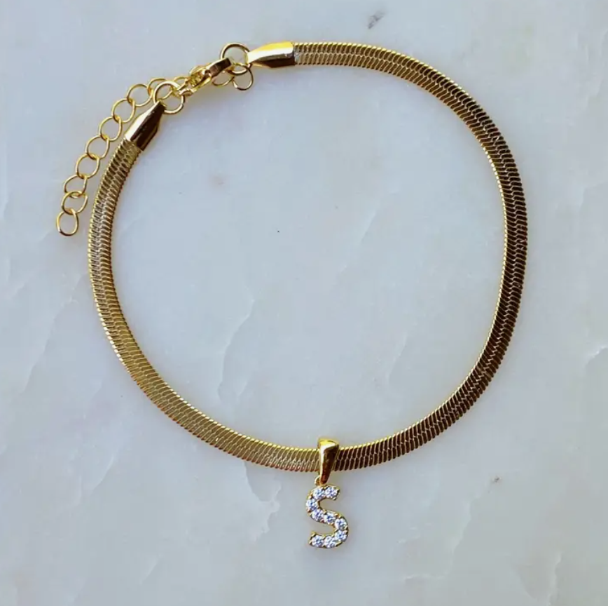 Diamond Initial Anklet with Gold Snake Chain